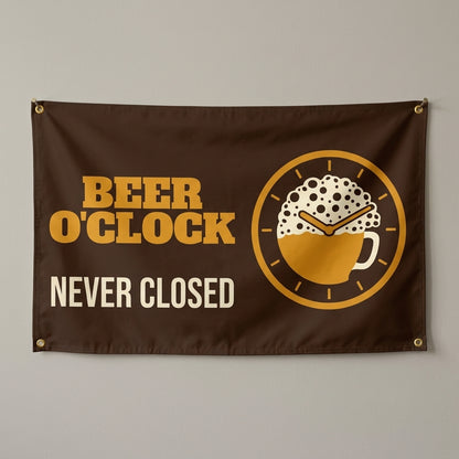 Beer O'Clock Never Closed flag 3x5 in brown and gold with a beer mug clock, hung on a wall
