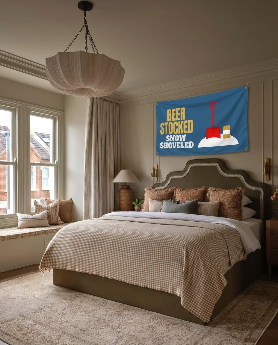 Beer Stocked Snow Shoveled winter wall flag hanging in a bedroom