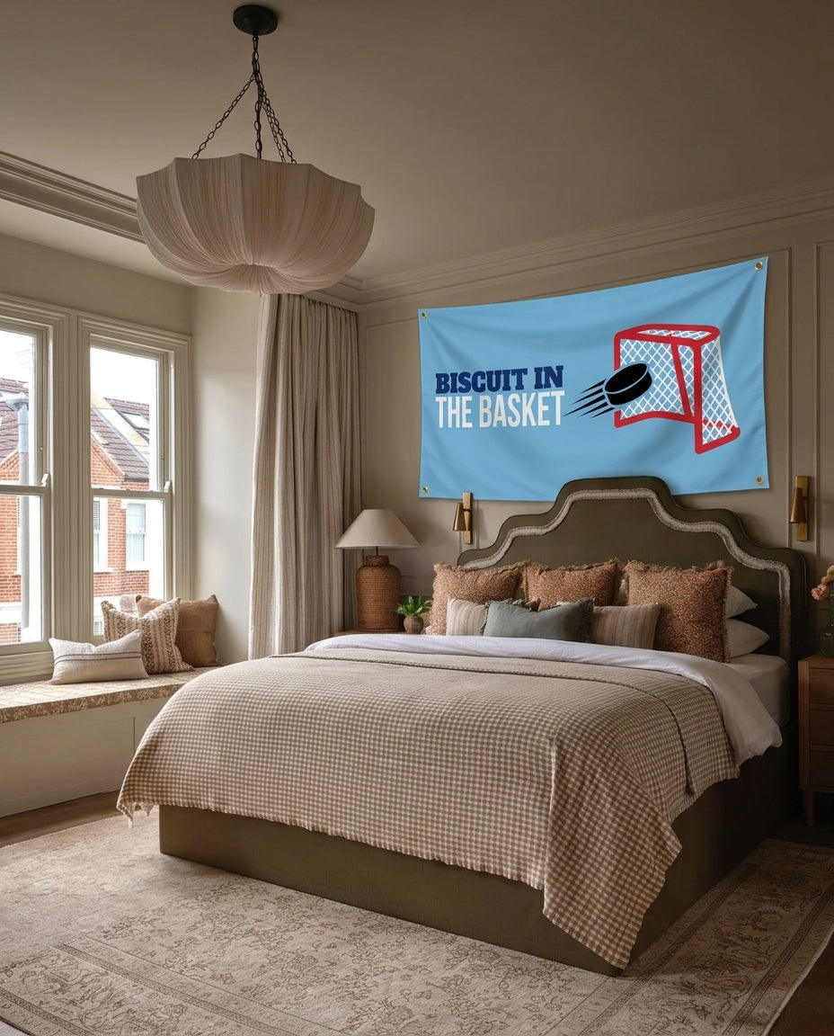 Biscuit In The Basket hockey wall flag hanging in a bedroom