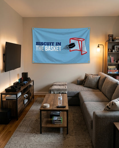 Biscuit In The Basket flag decorating a game room wall