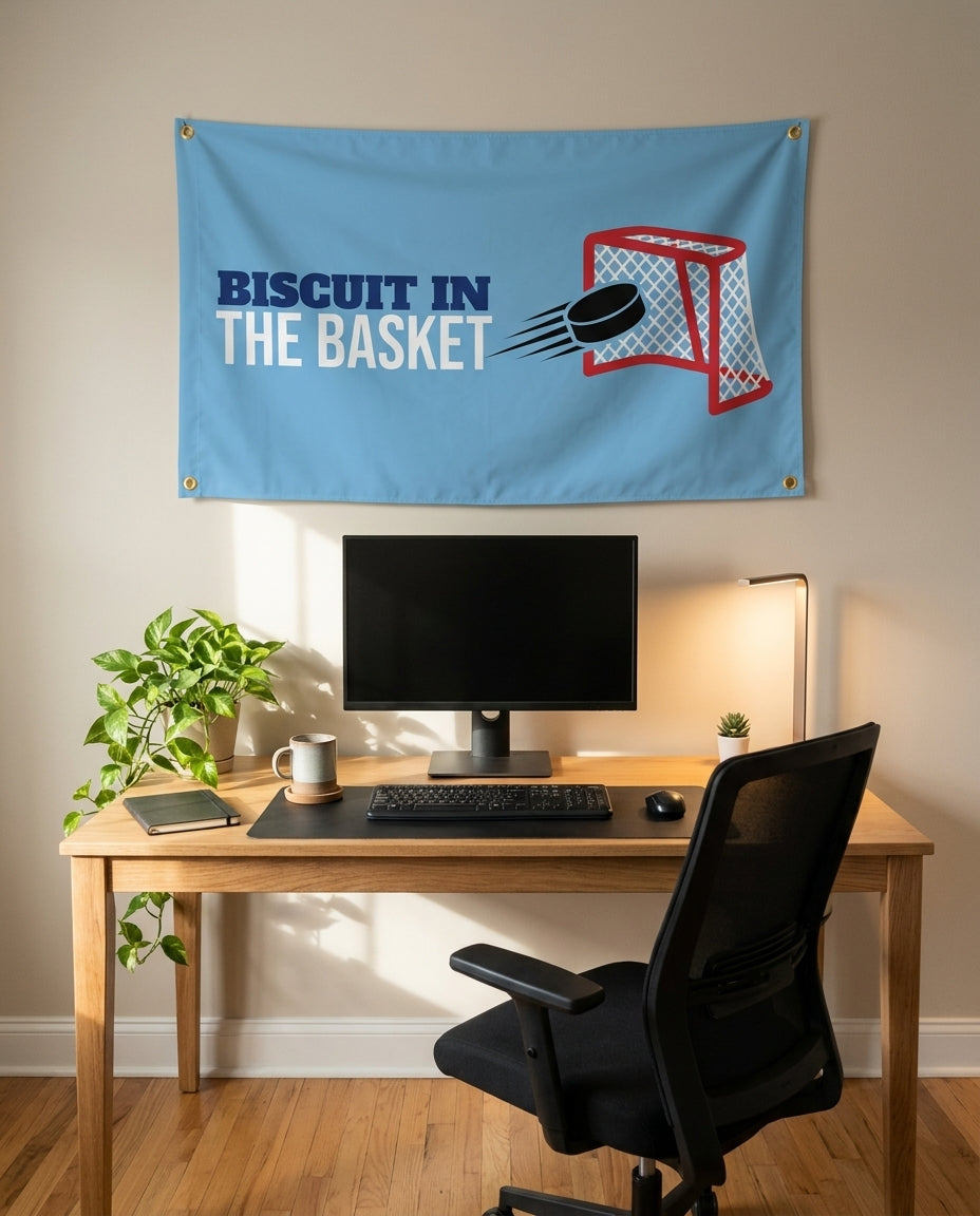 Biscuit In The Basket 3x5 flag on a home office wall