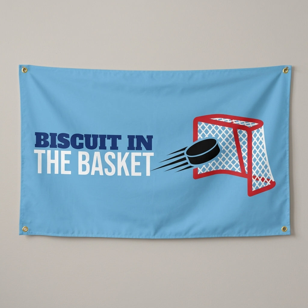 Biscuit In The Basket flag 3x5 in light blue with a puck flying into a net, hung on a wall