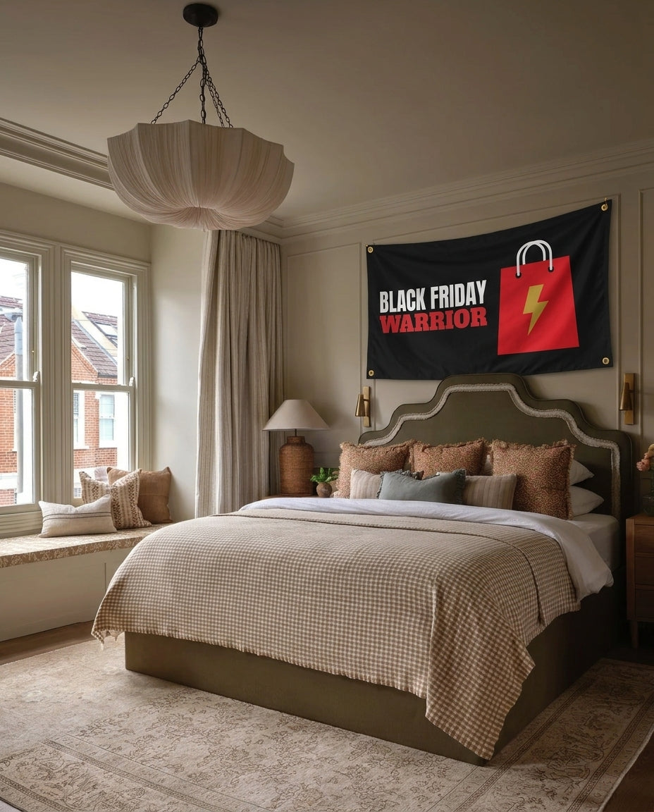 Black Friday Warrior funny wall flag hanging in a bedroom