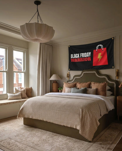 Black Friday Warrior funny wall flag hanging in a bedroom
