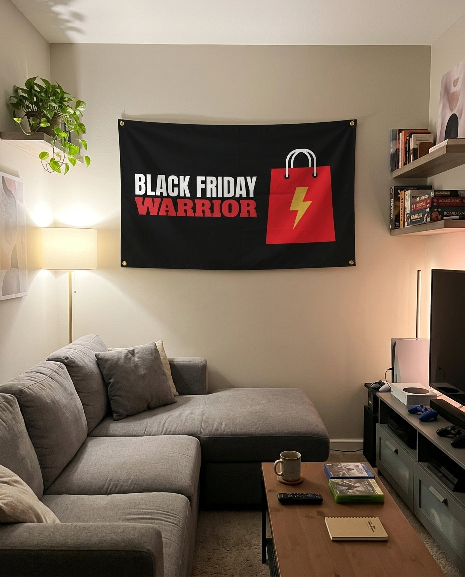 Black Friday Warrior flag decorating a game room wall