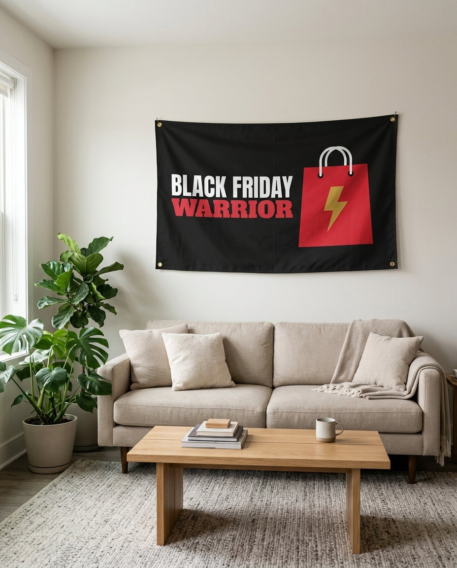 Black Friday Warrior flag used as living room wall decor