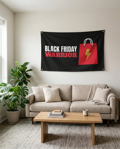 Black Friday Warrior flag used as living room wall decor