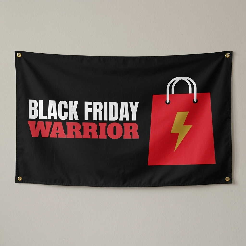 Black Friday Warrior flag 3x5 in black with a red shopping bag, hung on a wall