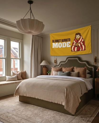 Blanket Burrito Mode winter wall flag hanging in a bedroom