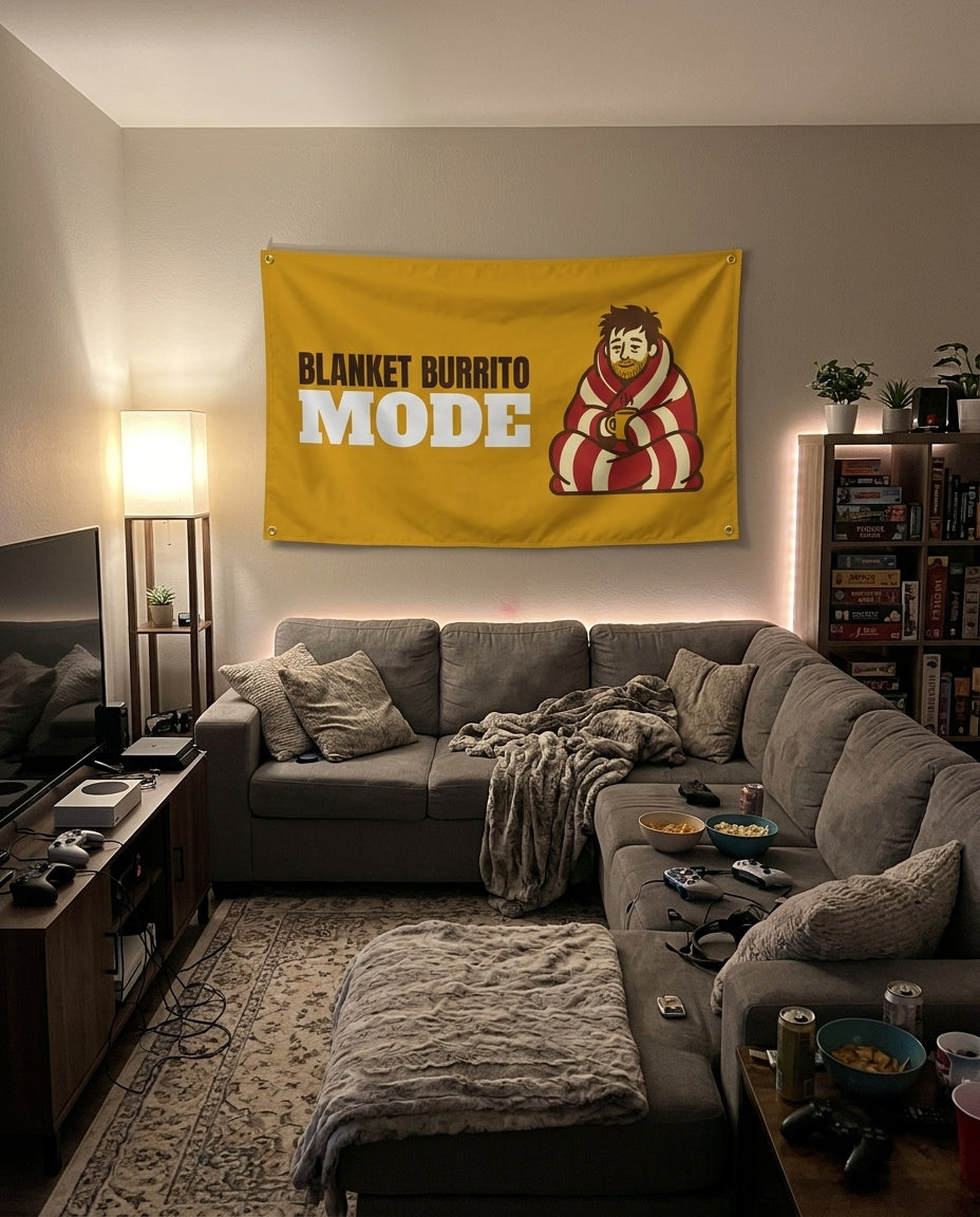 Blanket Burrito Mode flag decorating a game room wall