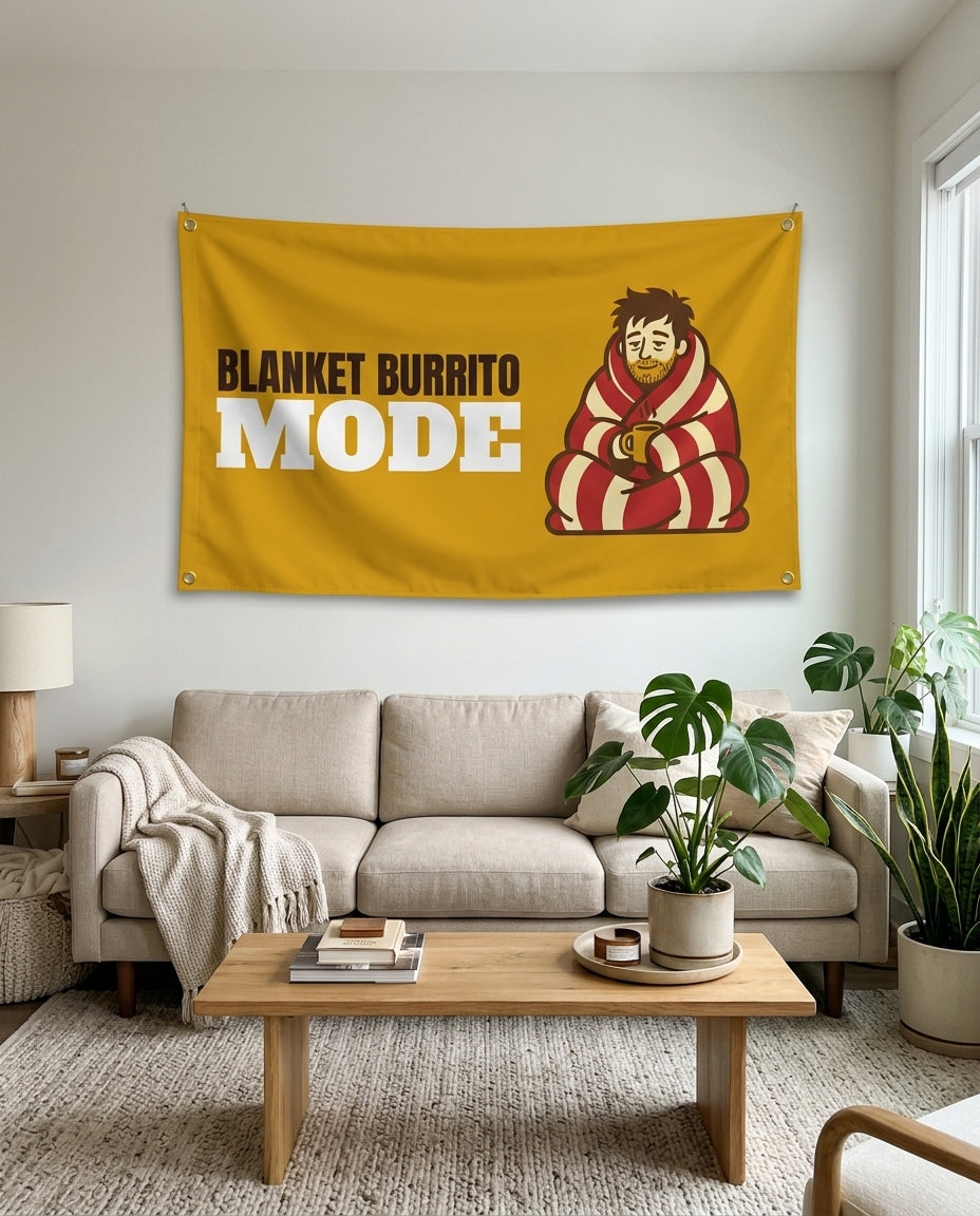 Blanket Burrito Mode flag used as living room wall decor
