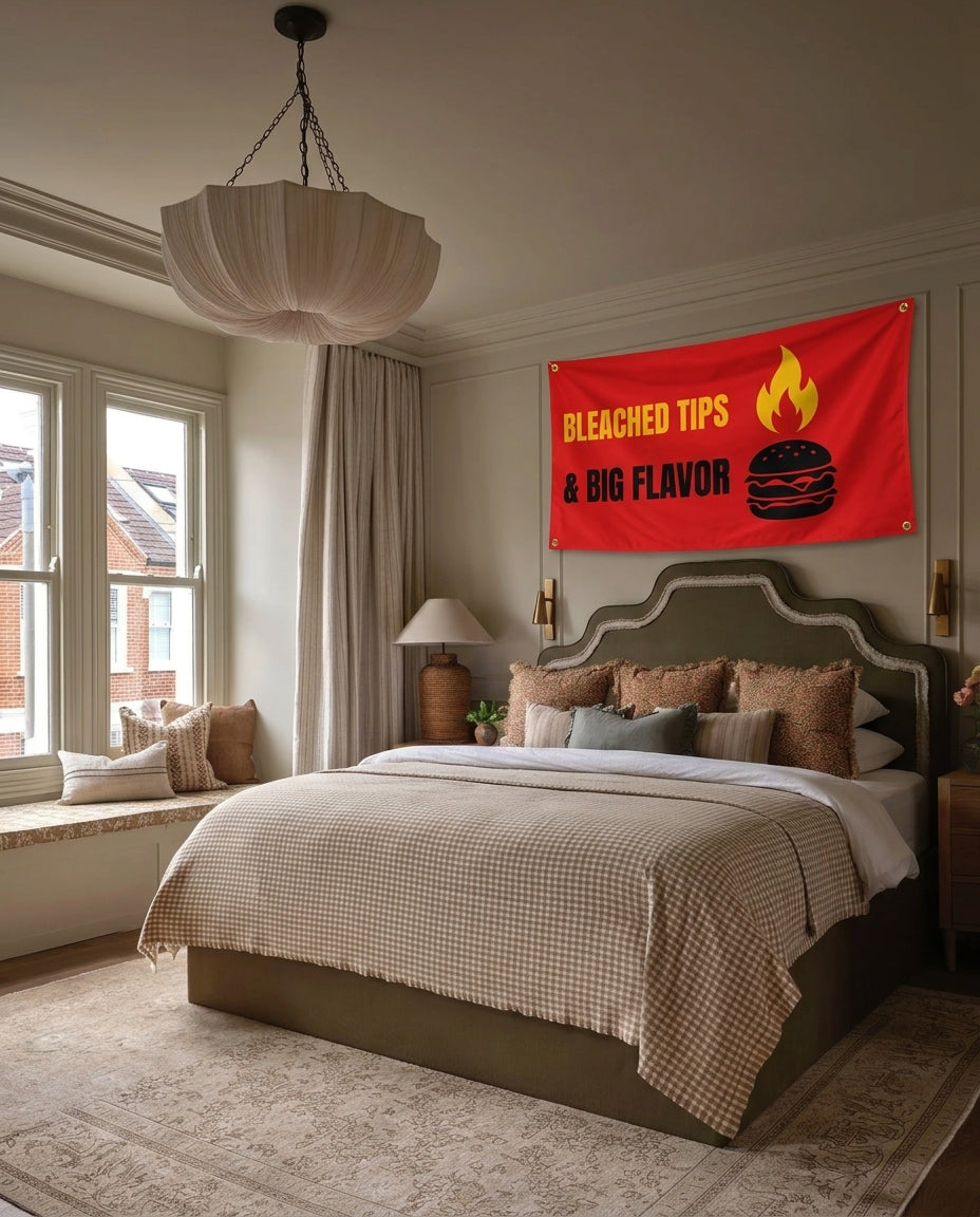 Big Flavor Grill Club party wall flag hanging in a bedroom