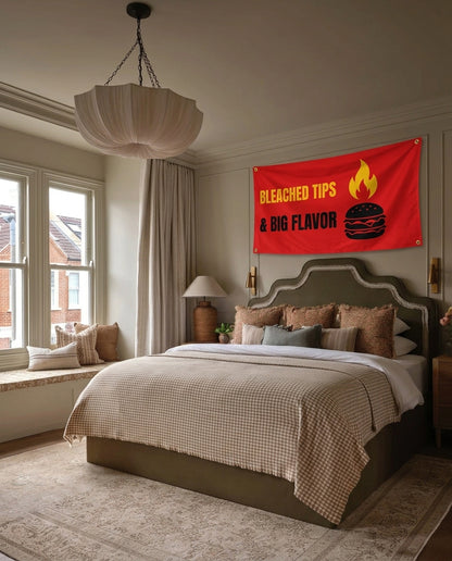 Big Flavor Grill Club party wall flag hanging in a bedroom