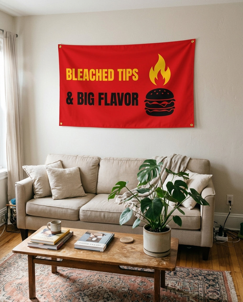 Big Flavor Grill Club flag used as living room wall decor