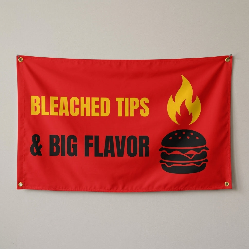 Big Flavor Grill Club flag 3x5 in red with a flaming burger, hung on a wall