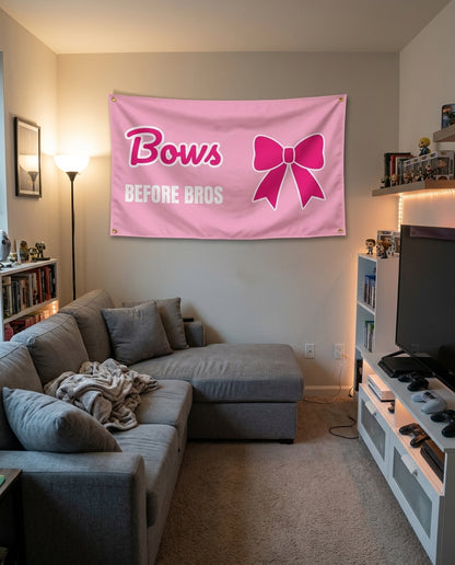 Bows Before Bros flag decorating a game room wall