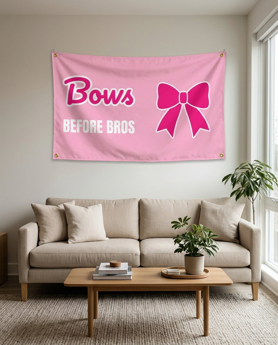 Bows Before Bros flag used as living room wall decor