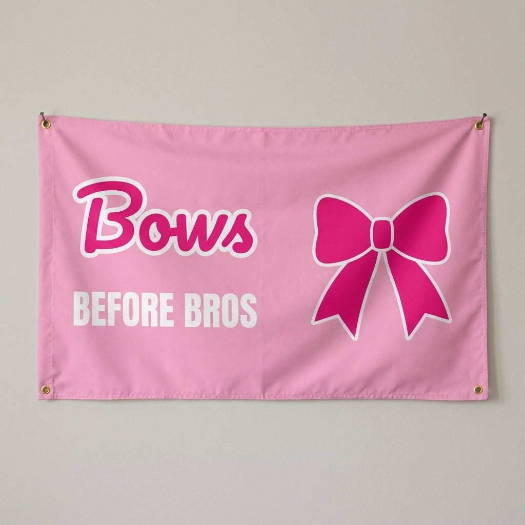 Bows Before Bros flag 3x5 in pink with a hot pink bow, hung on a wall
