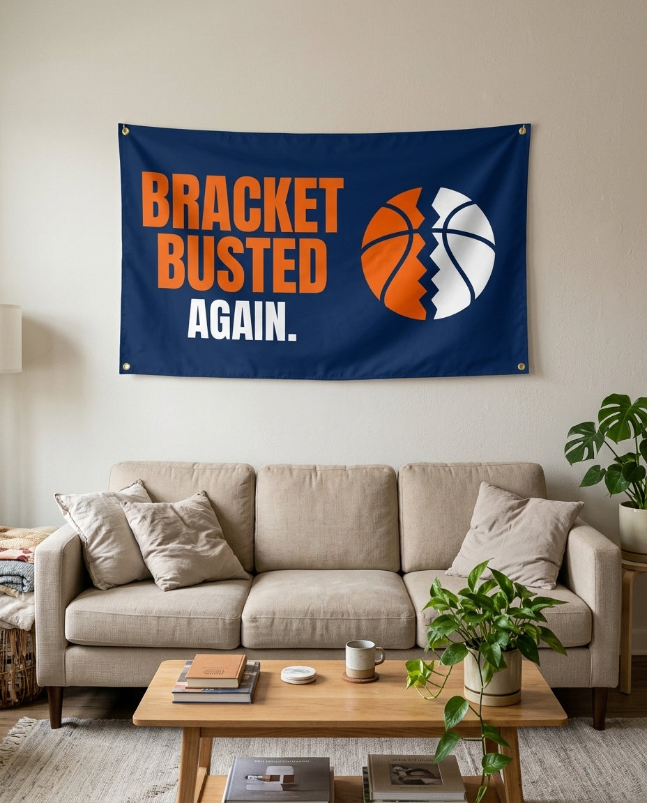 Bracket Busted Again flag used as living room wall decor