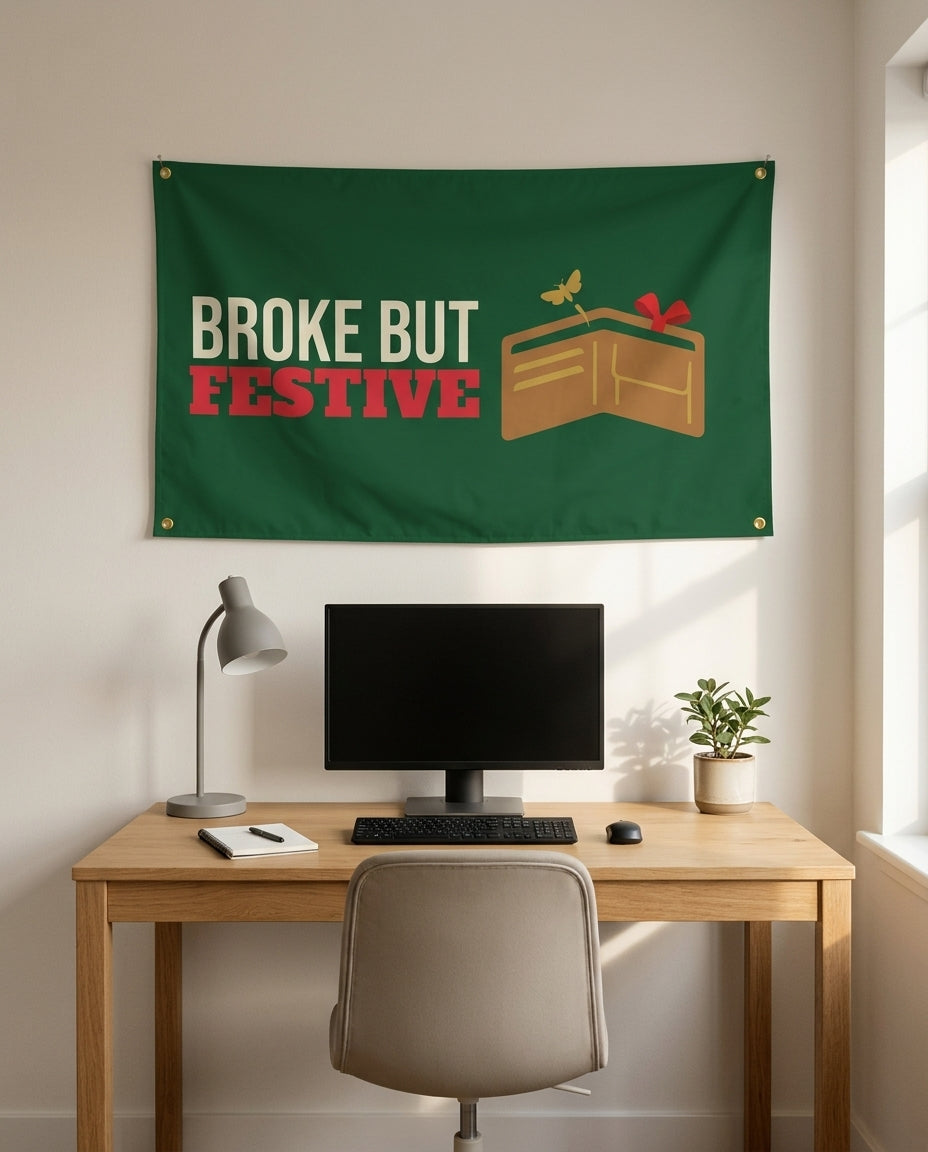 Broke But Festive 3x5 flag on a home office wall