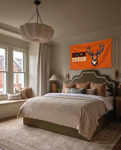 Buck Fever hunting wall flag hanging in a bedroom