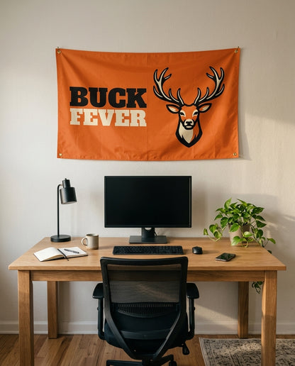 Buck Fever 3x5 flag on a home office wall