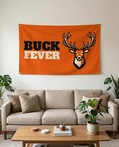 Buck Fever flag used as living room wall decor