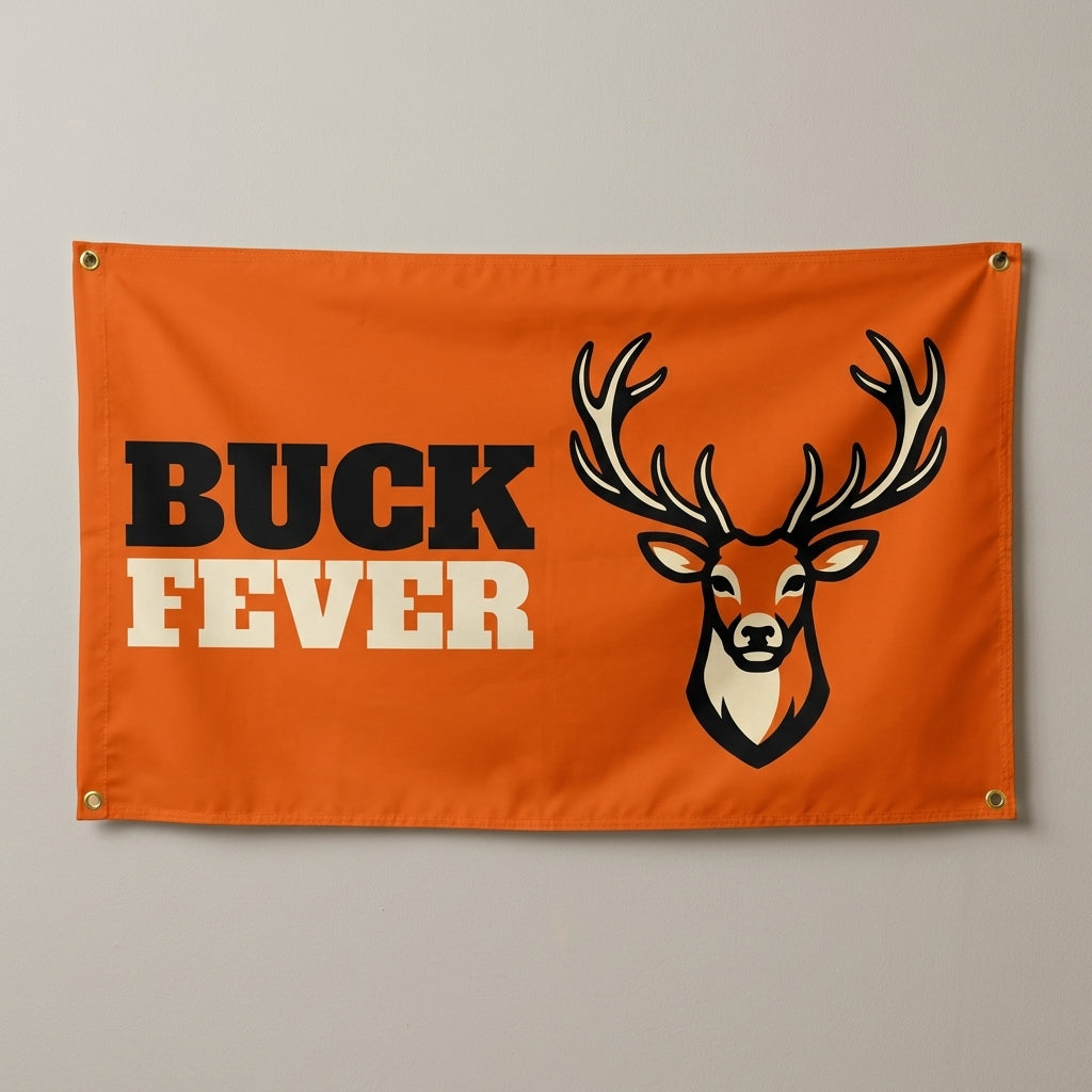 Buck Fever flag 3x5 in orange with a deer head with full antlers, hung on a wall