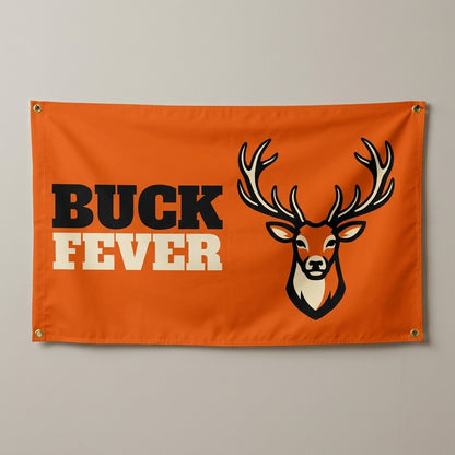 Buck Fever flag 3x5 in orange with a deer head with full antlers, hung on a wall