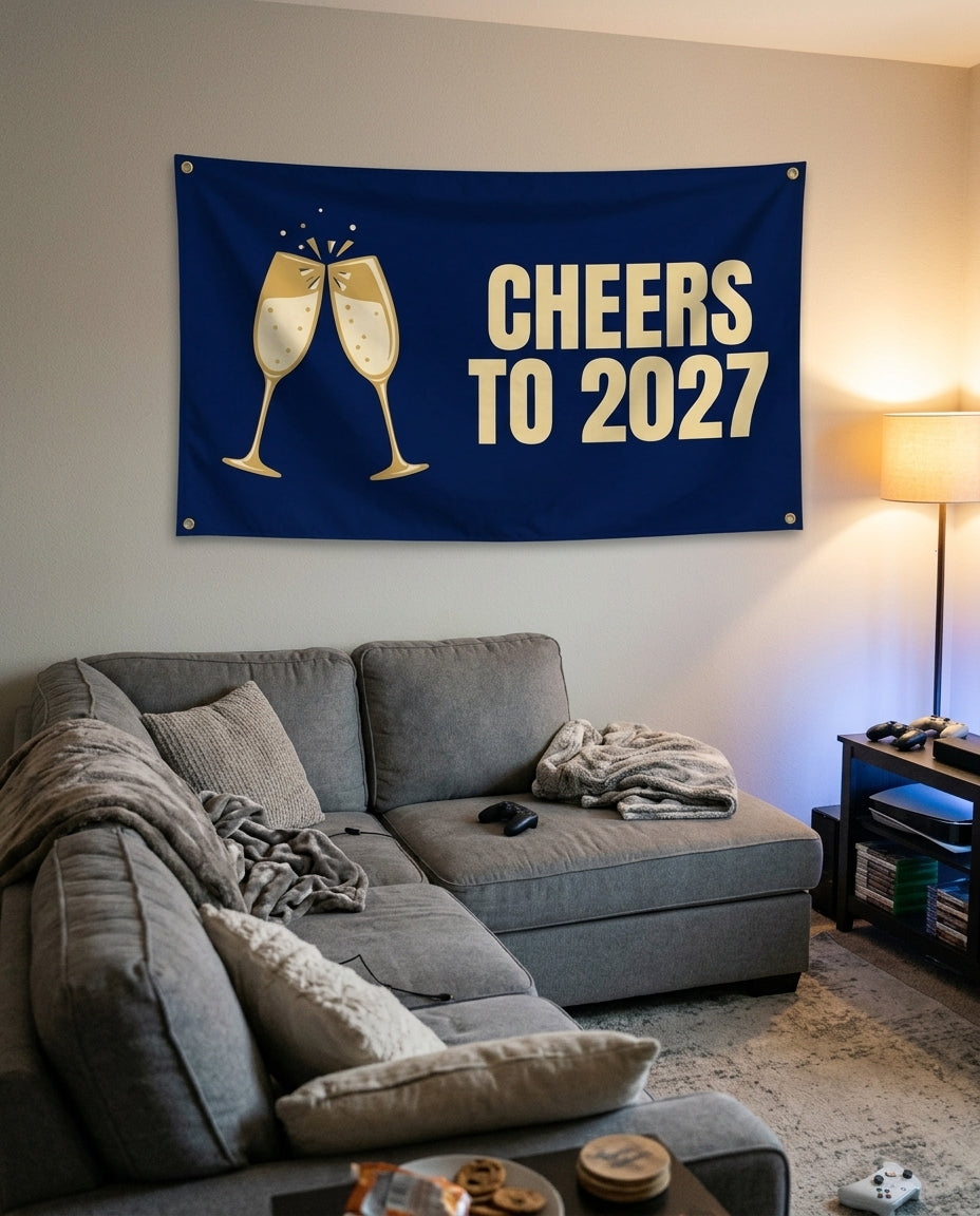 Cheers To 2027 flag decorating a game room wall