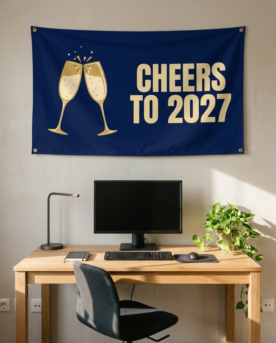 Cheers To 2027 3x5 flag on a home office wall
