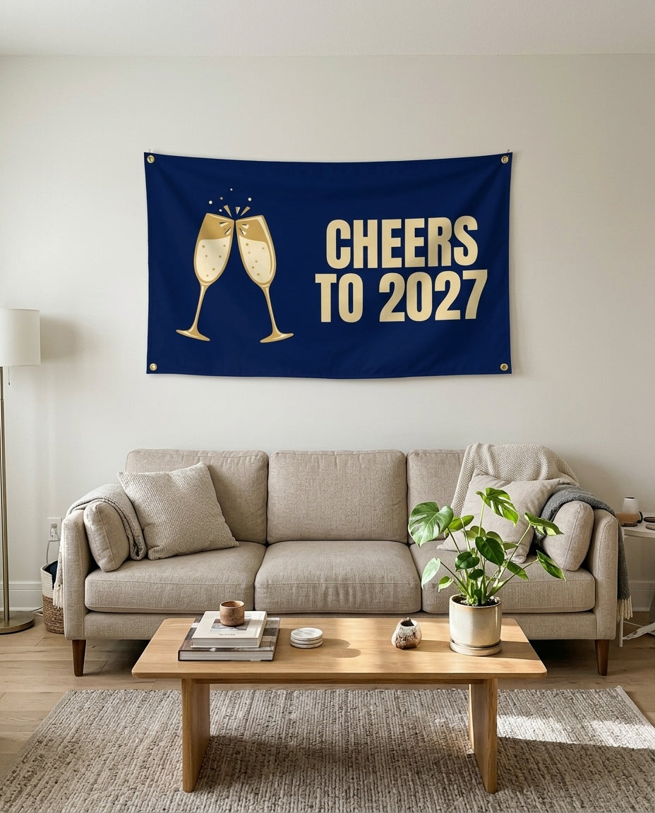 Cheers To 2027 flag used as New Year's living room wall decor