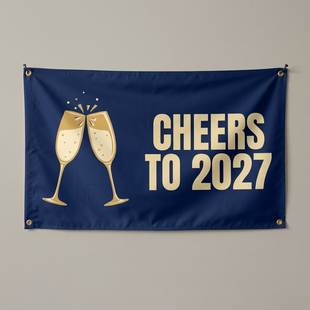 Cheers To 2027 flag 3x5 in navy and gold with clinking champagne flutes, hung on a wall