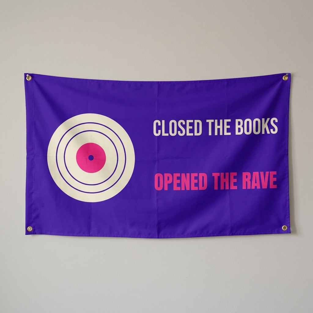 Closed The Books Opened The Rave flag 3x5 in violet with a vinyl record, hung on a wall