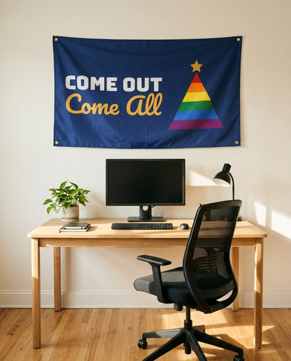 Come Out Come All 3x5 flag on a home office wall