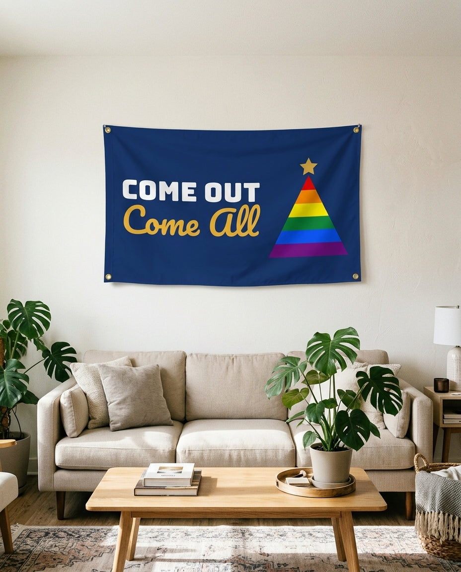 Come Out Come All flag used as living room wall decor