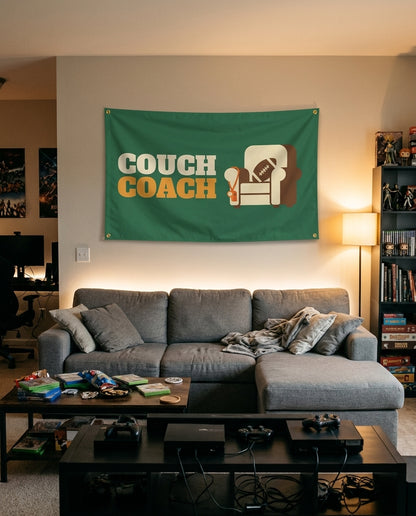 Couch Coach flag decorating a game room wall