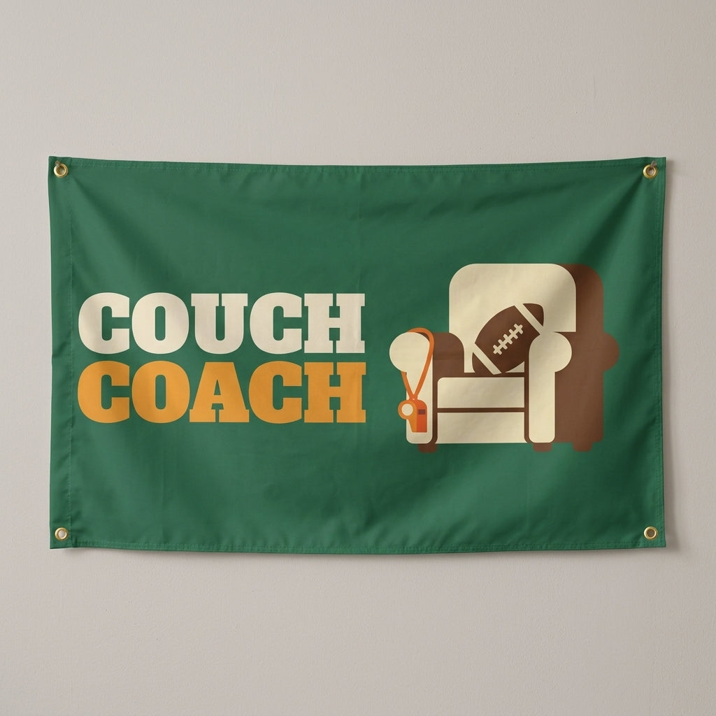 Couch Coach flag 3x5 in green with an armchair and football, hung on a wall