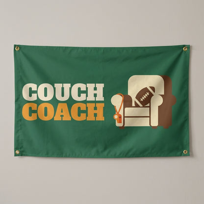 Couch Coach flag 3x5 in green with an armchair and football, hung on a wall