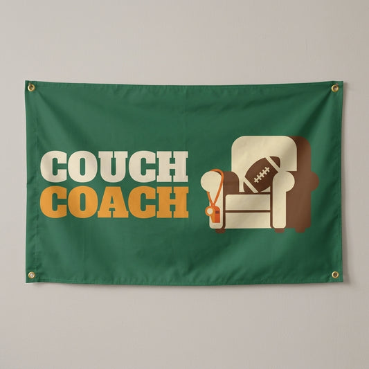 Couch Coach flag 3x5 in green with an armchair and football, hung on a wall