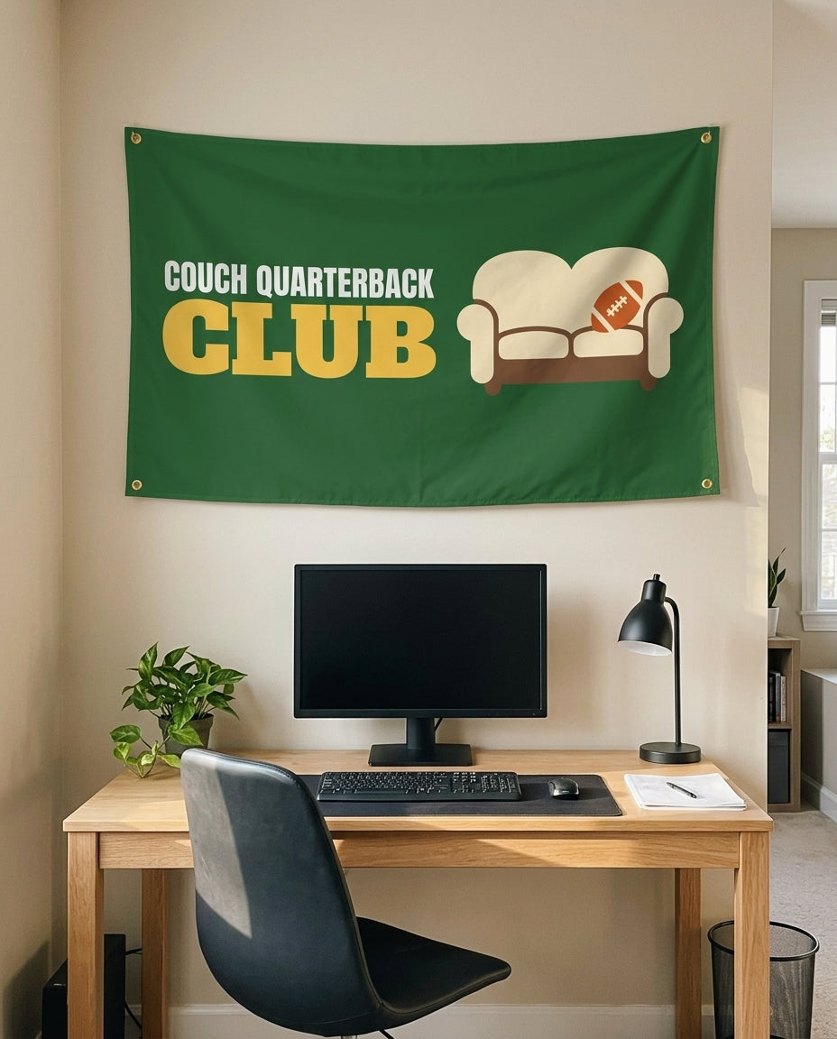 Couch Quarterback Club 3x5 flag on a home office wall