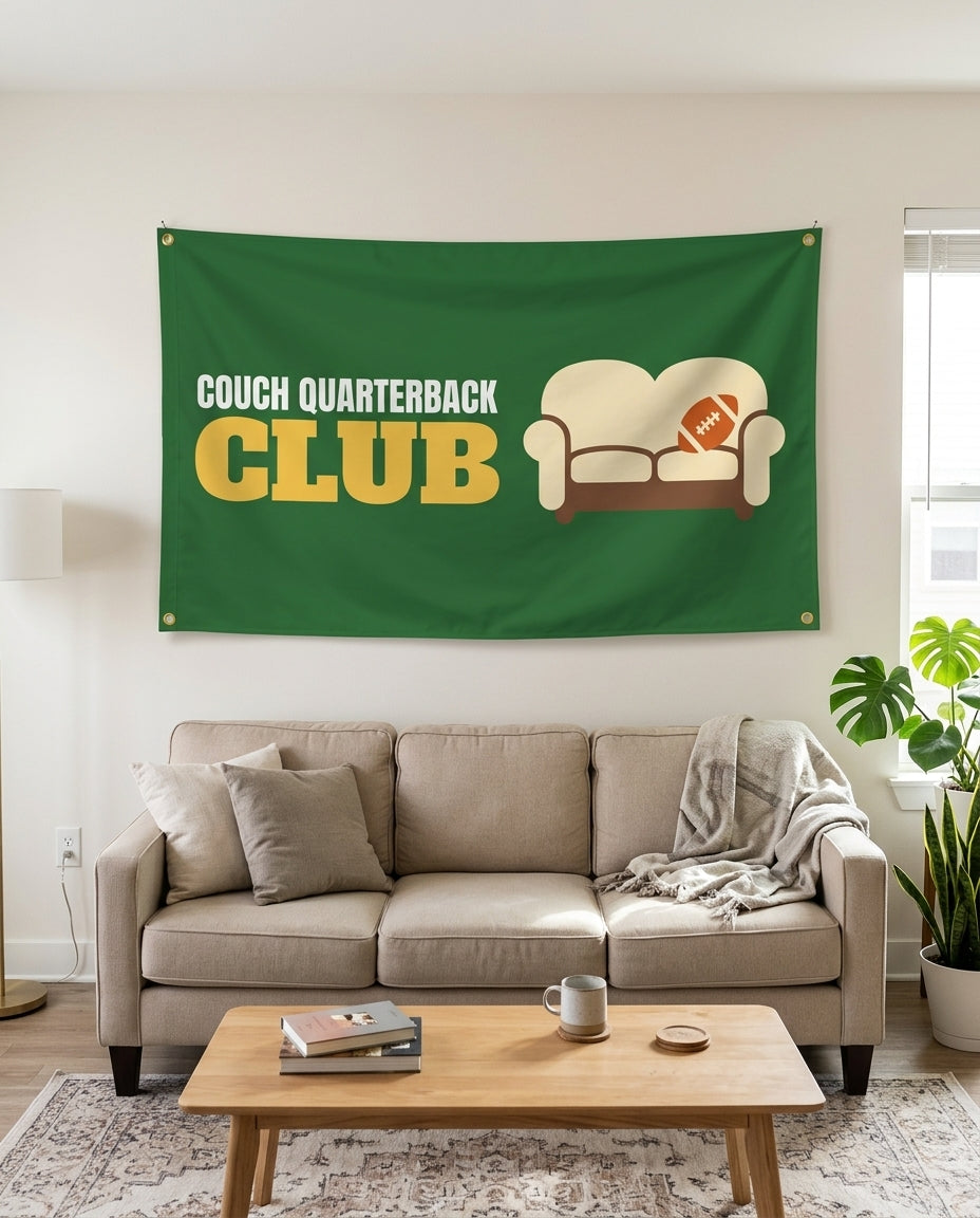 Couch Quarterback Club flag used as living room wall decor