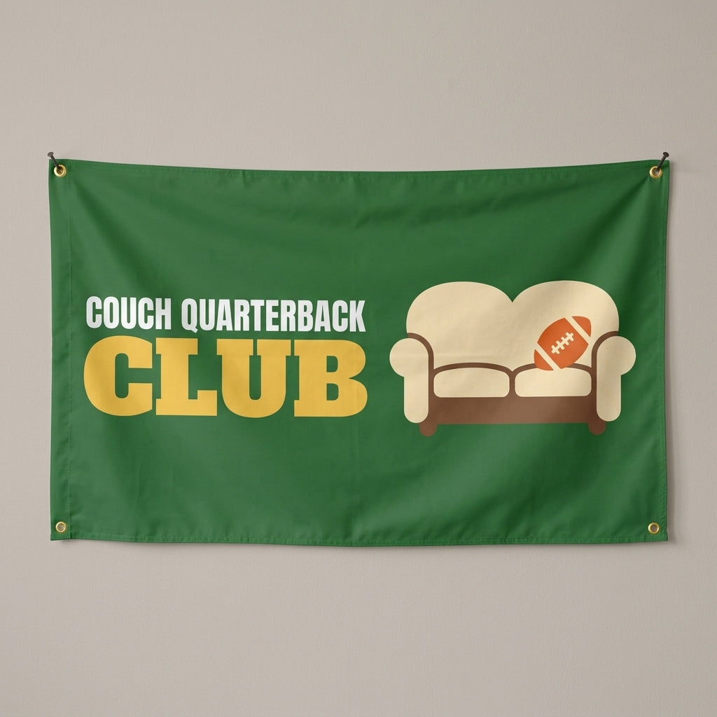 Couch Quarterback Club flag 3x5 in green with a couch and a football, hung on a wall