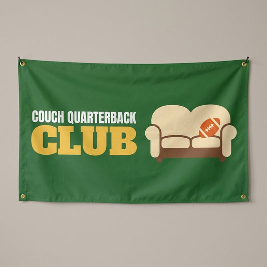 Couch Quarterback Club flag 3x5 in green with a couch and a football, hung on a wall