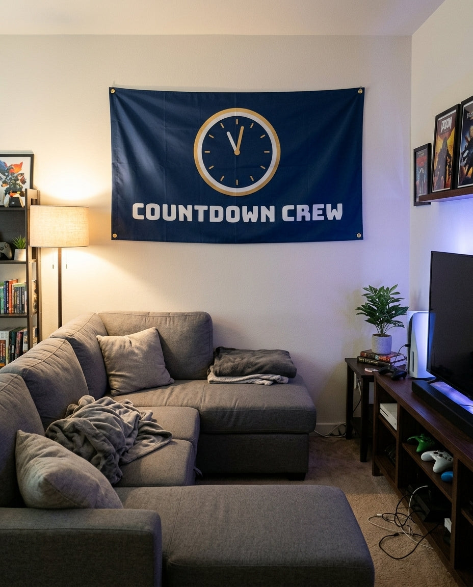 Countdown Crew flag decorating a game room wall
