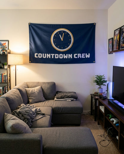 Countdown Crew flag decorating a game room wall