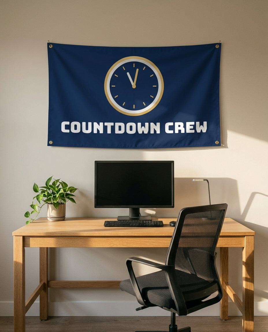 Countdown Crew 3x5 flag on a home office wall