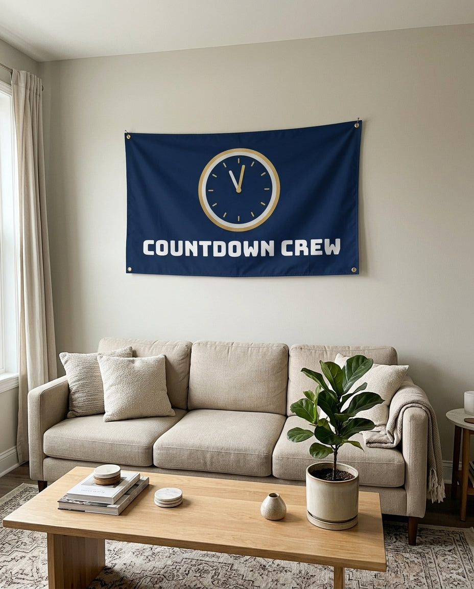 Countdown Crew flag used as New Year's living room wall decor