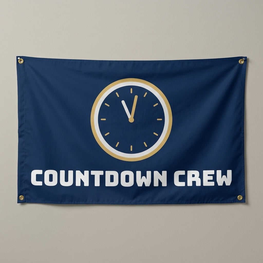 Countdown Crew flag 3x5 in navy and gold with a clock near midnight, hung on a wall