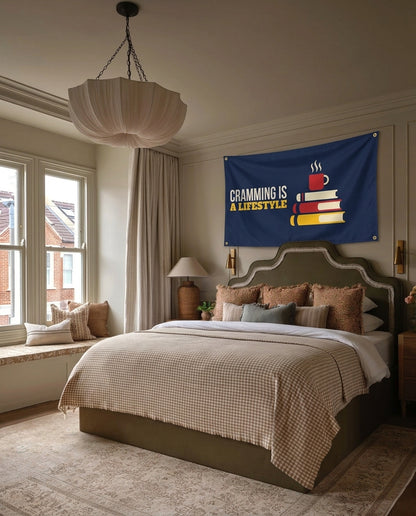 Cramming Is A Lifestyle dorm wall flag hanging in a bedroom
